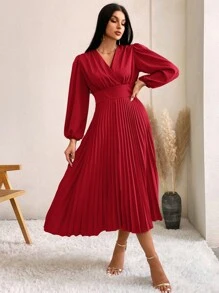 Aveloria Lantern Sleeve Pleated Hem Dress - Red - View 7
