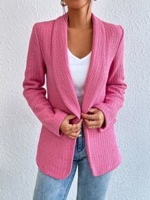 SHEIN Privé 青果領開門襟粗花呢西裝外套 - 粉色 - 查看 3