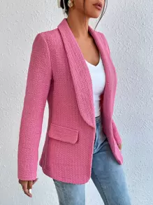 SHEIN Privé 青果領開門襟粗花呢西裝外套 - 粉色 - 查看 4