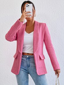 SHEIN Privé 青果領開門襟粗花呢西裝外套 - 粉色 - 查看 5