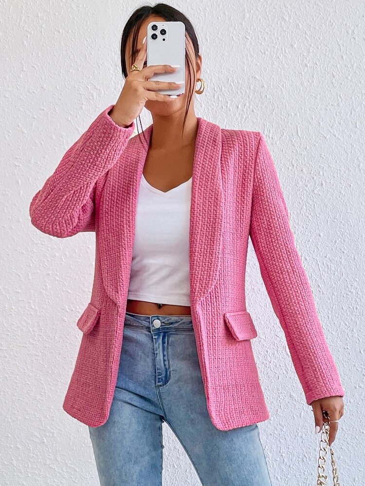 SHEIN Privé 青果領開門襟粗花呢西裝外套 - 粉色 - 查看 5