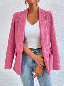 SHEIN Privé 青果領開門襟粗花呢西裝外套 - 粉色 - 查看 6