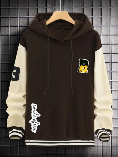 Manfinity 男士字母圖形色塊下肩帶帽加絨寬鬆束腰運動套頭衫