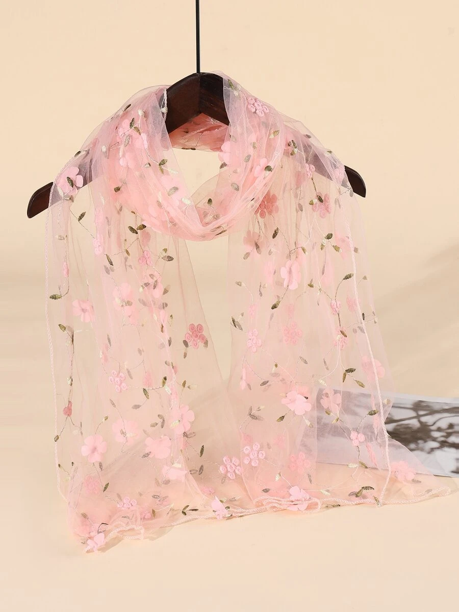 Flower Embroidered Scarf - Pink - View 1