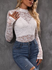 SHEIN Privé Top transparente con encaje sin sujetador - Blanco - Ver 3