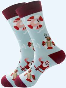 1pair Men's Swimming Ring Santa Claus & Reindeer Mid-calf Socks - Multicolor - View 1