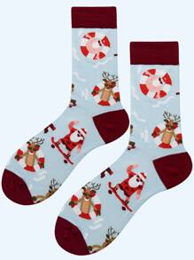 1pair Men's Swimming Ring Santa Claus & Reindeer Mid-calf Socks - Multicolor - View 2