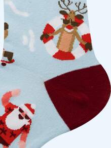 1pair Men's Swimming Ring Santa Claus & Reindeer Mid-calf Socks - Multicolor - View 3