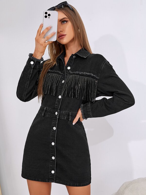 Flexra Fringe Trim Button Front Denim Dress