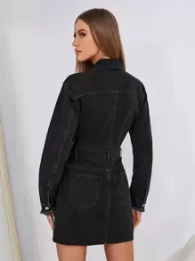 SHEIN Essnce Fringe Trim Button Front Denim Dress - Black - View 2