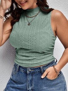 SHEIN Essnce Áo hai dây Plus Size Xù Tranh thêu màu trơn Giải trí - Màu xanh Bạc hà - Xem 1