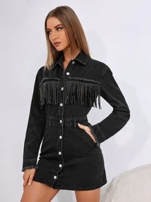 SHEIN Essnce Fringe Trim Button Front Denim Dress - Black - View 4