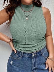 SHEIN Essnce Áo hai dây Plus Size Xù Tranh thêu màu trơn Giải trí - Màu xanh Bạc hà - Xem 3