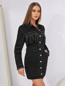 SHEIN Essnce Fringe Trim Button Front Denim Dress - Black - View 5