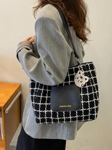 Lightweight,Business Casual Lightweight, Portable, Large Capacity Casual, Fashion Plaid & Letter Graphic Tweed Shoulder Tote Bag With Cartoon Bag Charm For Girls, Women, College Students, Rookies & White-collar Workers For Fall, Winter Essential, For Work, Office, Commute, For Autumn & Winter, Outdoors For Teen Girls Women College Students,Rookies & White-collar Workers Perfect for Office,College,Work ,Business,Commute,Outdoors, Travel, Outings