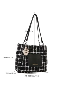 Lightweight,Business Casual Lightweight, Portable, Large Capacity Casual, Fashion Plaid & Letter Graphic Tweed Shoulder Tote Bag With Cartoon Bag Charm For Girls, Women, College Students, Rookies & White-collar Workers For Fall, Winter Essential, For Work, Office, Commute, For Autumn & Winter, Outdoors For Teen Girls Women College Students,Rookies & White-collar Workers Perfect for Office,College,Work ,Business,Commute,Outdoors, Travel, Outings