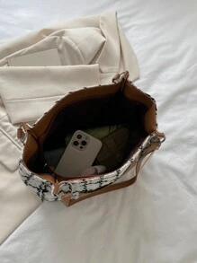 Fashionable,Minimalist,Casual,Plaid Pattern Square Bag With Bag Charm For Girl, Teen Girls - Brown - View 4