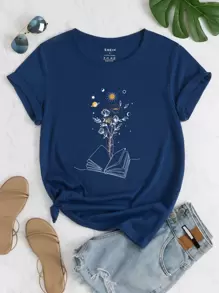 INAWLY Floral And Galaxy Print Tee - Blue - View 1