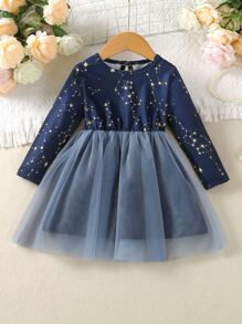 Baby Star Print Mesh Hem Party Dress - Navy Blue - View 1