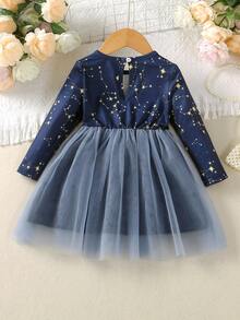 Baby Star Print Mesh Hem Party Dress - Navy Blue - View 2
