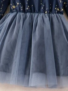 Baby Star Print Mesh Hem Party Dress - Navy Blue - View 3