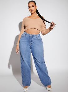 SHEIN SXY 大碼高腰直筒牛仔褲 - 淺色水洗藍 - 查看 3