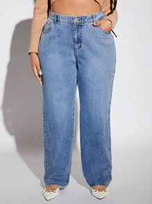 SHEIN SXY 大碼高腰直筒牛仔褲 - 淺色水洗藍 - 查看 4