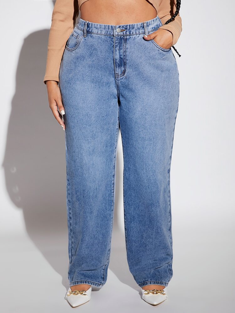 SHEIN SXY 大碼高腰直筒牛仔褲 - 淺色水洗藍 - 查看 4