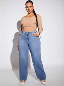 SHEIN SXY 大碼高腰直筒牛仔褲 - 淺色水洗藍 - 查看 5