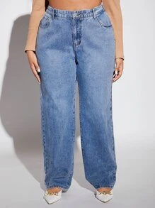 SHEIN SXY 大碼高腰直筒牛仔褲 - 淺色水洗藍 - 查看 6