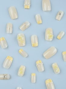 立即升級您造型，24入組長方形黃色格子和人造珍珠，可愛花卉設計，假指甲套件，適合女士和女孩 - 彩色 - 查看 3