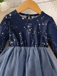 Baby Star Print Mesh Hem Party Dress - Navy Blue - View 4
