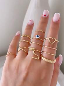 12入組心和邪惡之眼設計戒指 - 金黃色 - 查看 1