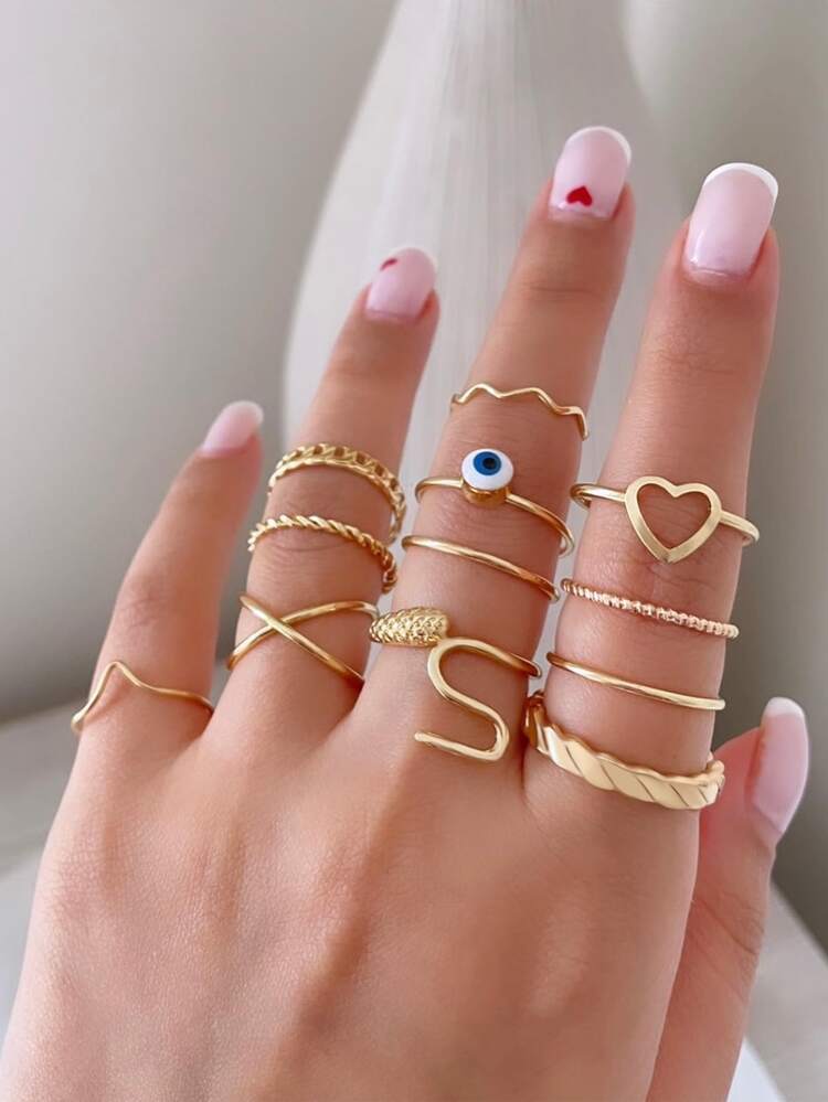 12入組心和邪惡之眼設計戒指 - 金黃色 - 查看 1