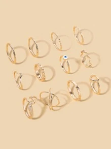 12入組心和邪惡之眼設計戒指 - 金黃色 - 查看 2