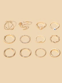 12入組心和邪惡之眼設計戒指 - 金黃色 - 查看 3