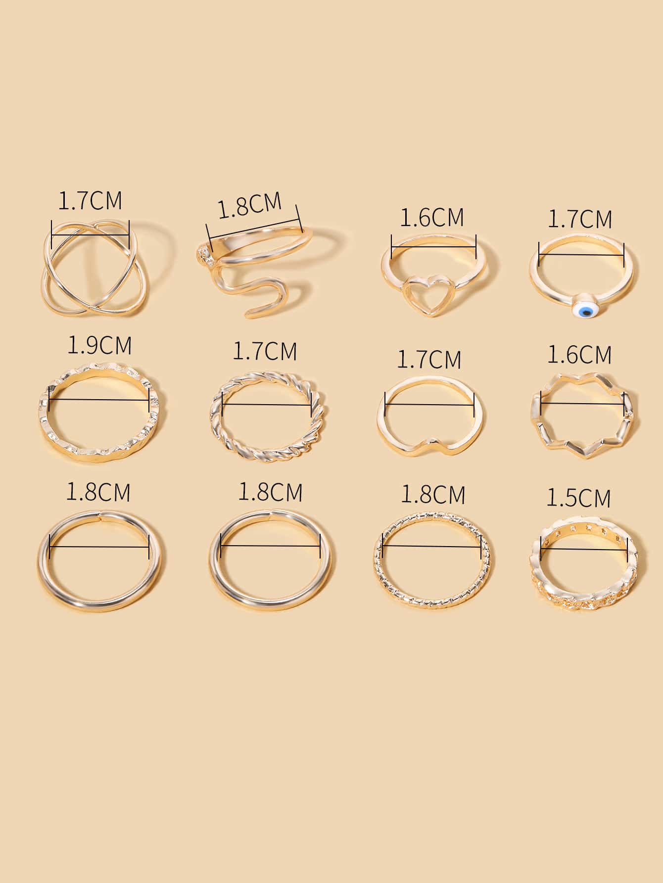 12入組心和邪惡之眼設計戒指 - 金黃色 - 查看 4