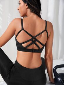 Criss Cross Back Sports Bra - Black - View 3