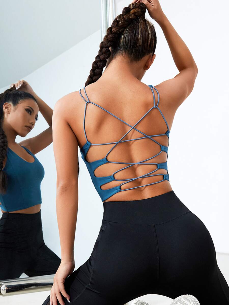 Yoga Sxy Light Support Criss Cross Backless Sports Bra - Dusty Blue - View 1