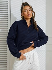 INAWLY Half Zipper Drop Shoulder Sweatshirt - Navy Blue - View 1
