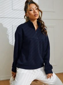 INAWLY Half Zipper Drop Shoulder Sweatshirt - Navy Blue - View 3