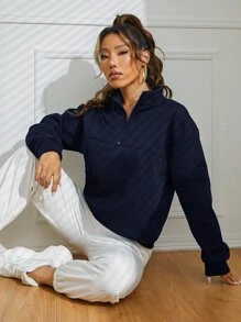 INAWLY Half Zipper Drop Shoulder Sweatshirt - Navy Blue - View 5
