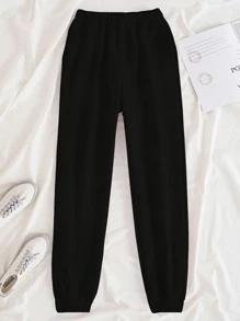 SHEIN EZwear Solid Slant Pocket Joggers - Black - View 1
