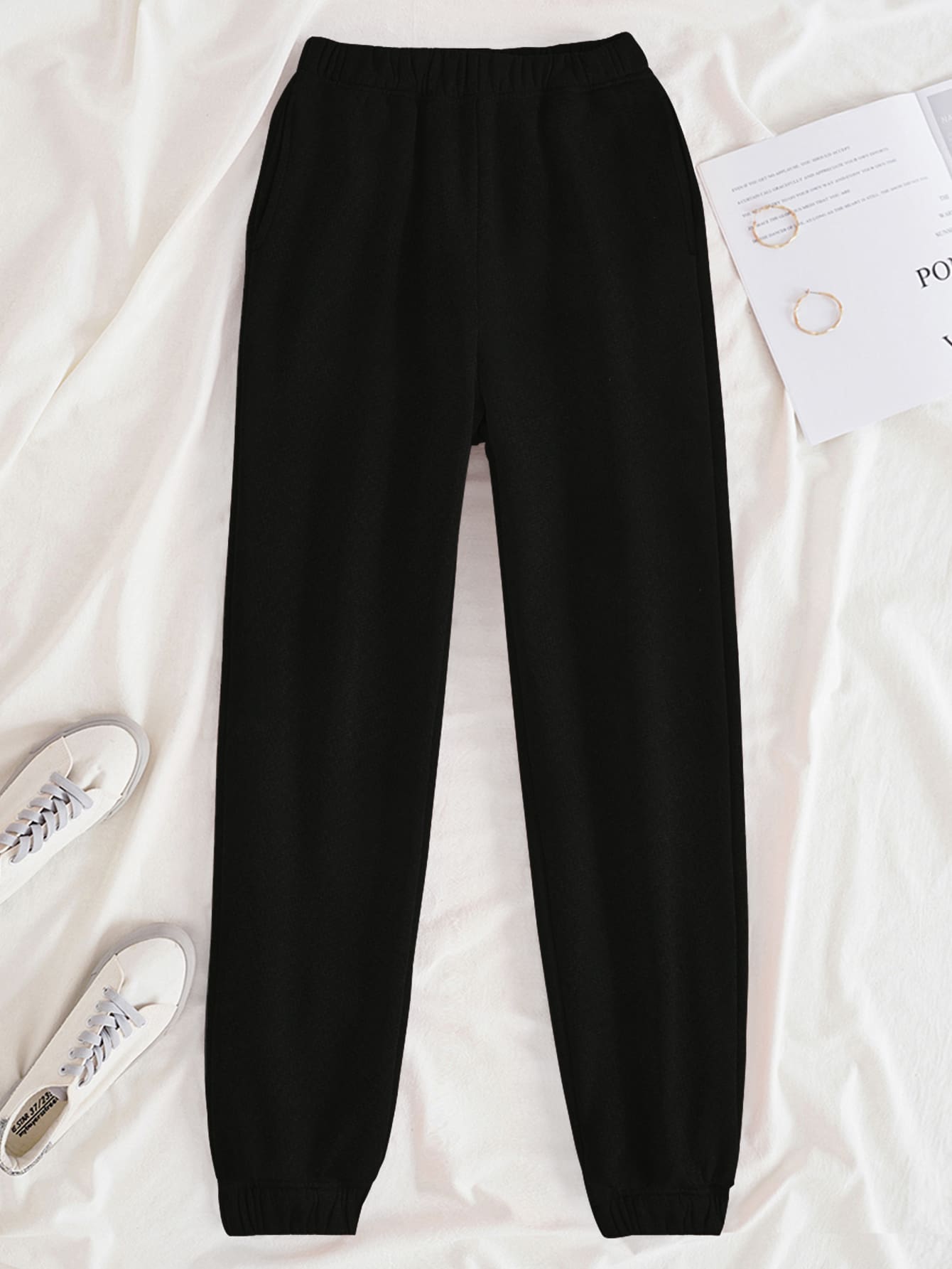 SHEIN EZwear Solid Slant Pocket Joggers - Black - View 1