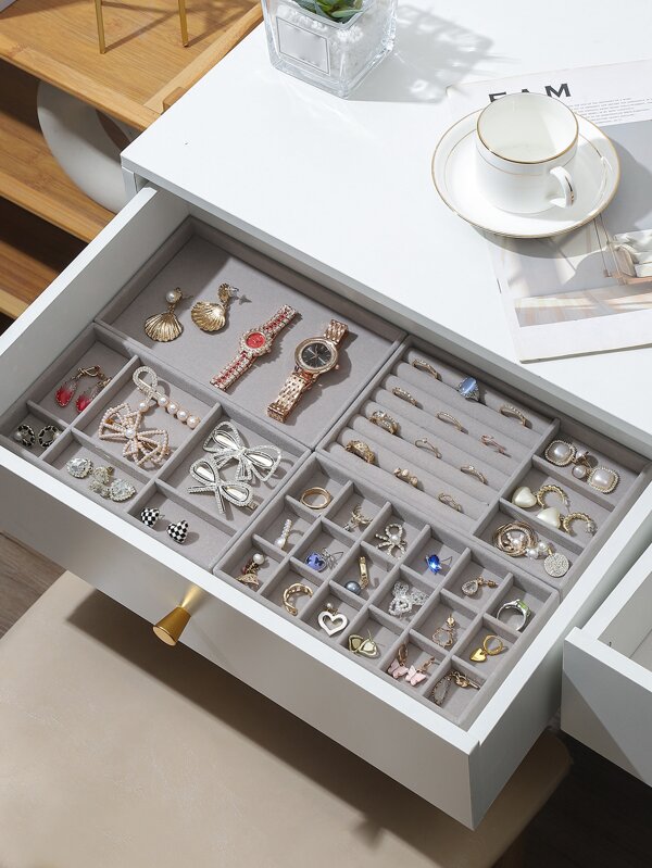 WHICHLIFE 4 Pièces/ensemble Plateau À Bijoux Gris, Boîte De Rangement Moderne Pour Bijoux En Tissu Avec Vitrine Pour La Maison, Cadeau Pour La Saint-valentin