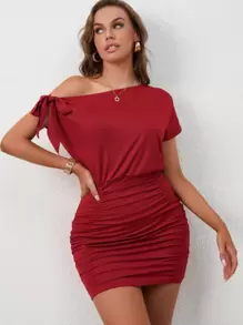 INAWLY Asymmetrical Neck Knot Detail Ruched Dress - Red - View 3