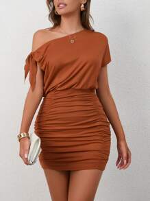 INAWLY Đầm Thắt nút Xù màu trơn Thanh lịch - Rỉ Nâu - Xem 1