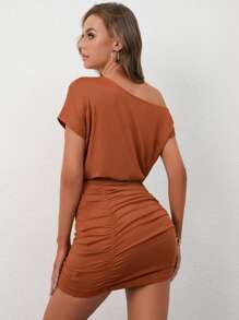 INAWLY Đầm Thắt nút Xù màu trơn Thanh lịch - Rỉ Nâu - Xem 2