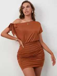 INAWLY Đầm Thắt nút Xù màu trơn Thanh lịch - Rỉ Nâu - Xem 5