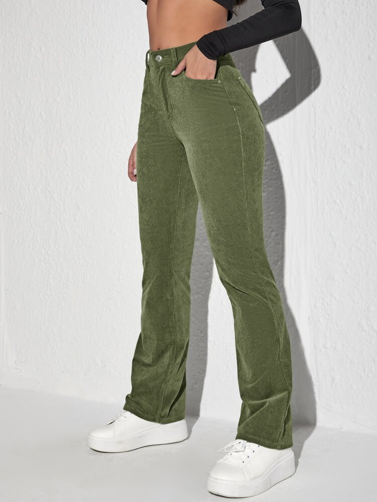 SHEIN Unity Letter Patched Flare Leg Corduroy Trousers - Army Green - View 4